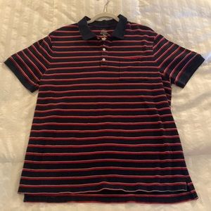 J. Crew blue with red & white stripe 3 button stretch pique polo shirt